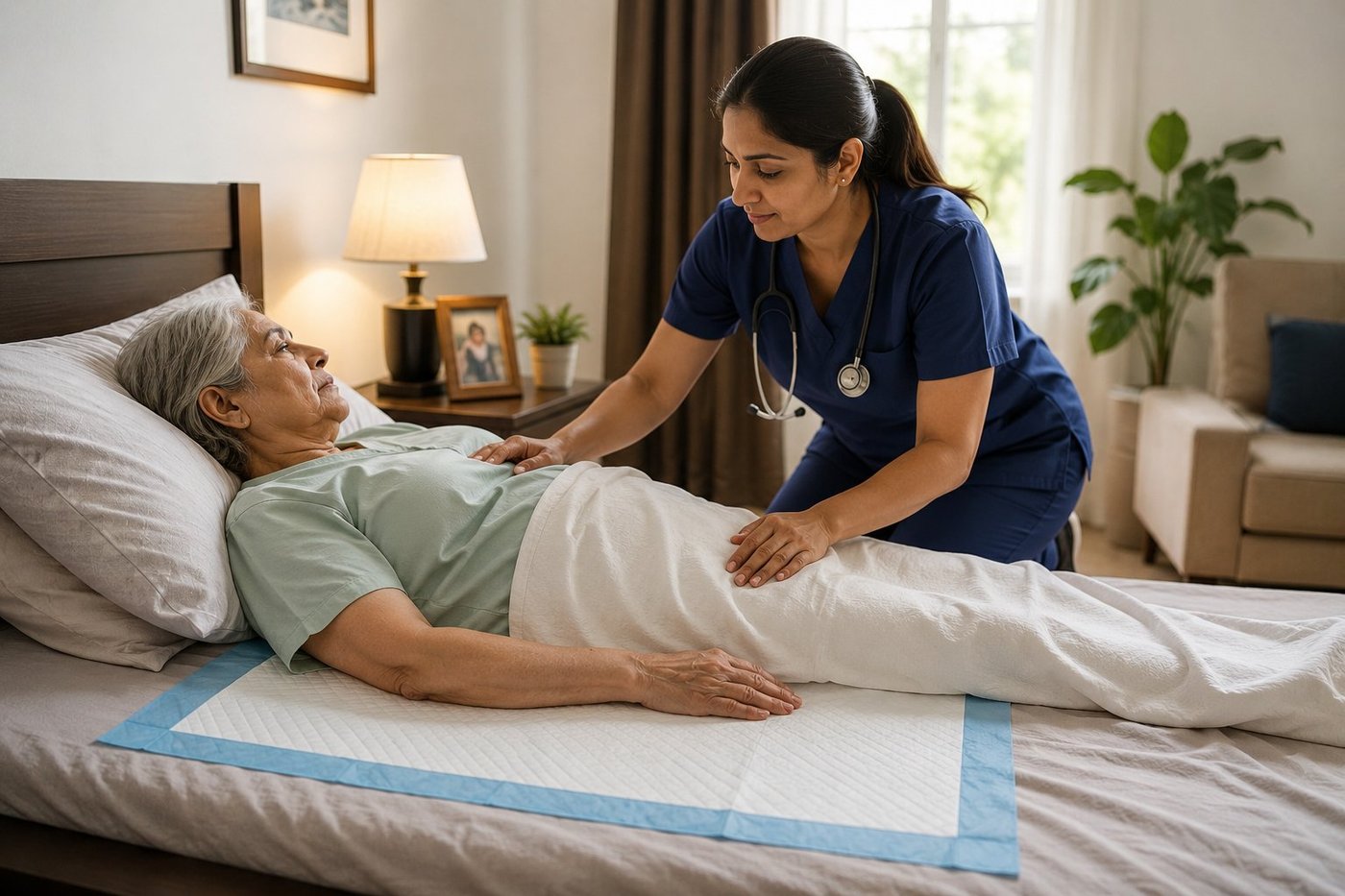 Caregiver attending to an elderly patient resting on a Clad Medical disposable underpad at home