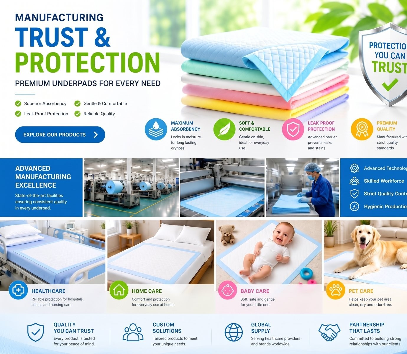 Clad Medical manufacturing trust and protection - premium underpads for healthcare, home care, baby care, and pet care