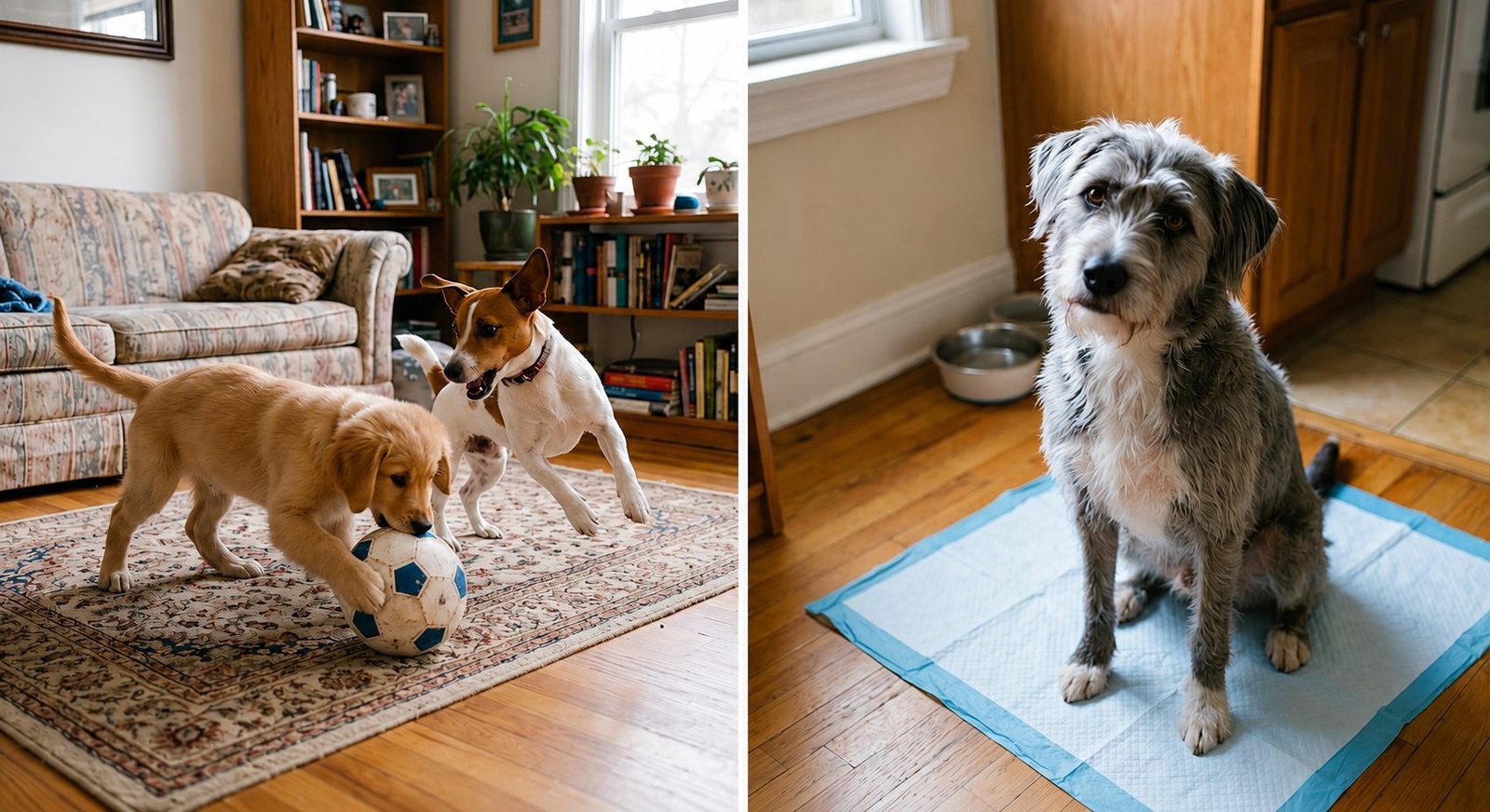 Dogs at home and a dog sitting on a Clad Medical pet training pad