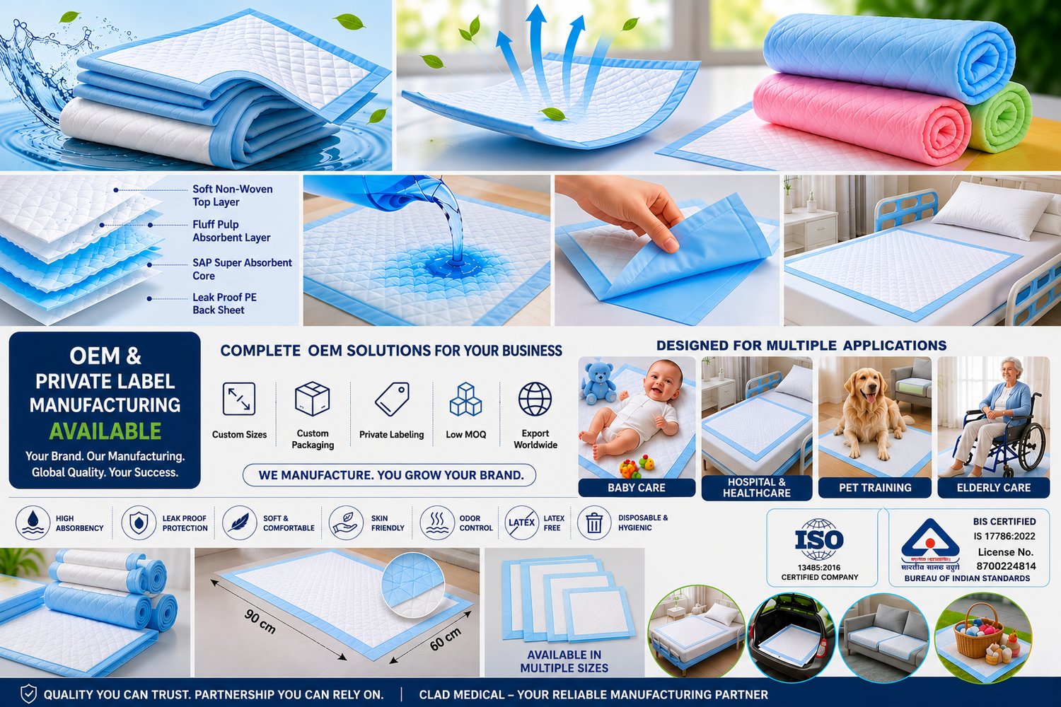 Clad Medical disposable underpads - OEM and private label manufacturing, product construction, applications, and certifications