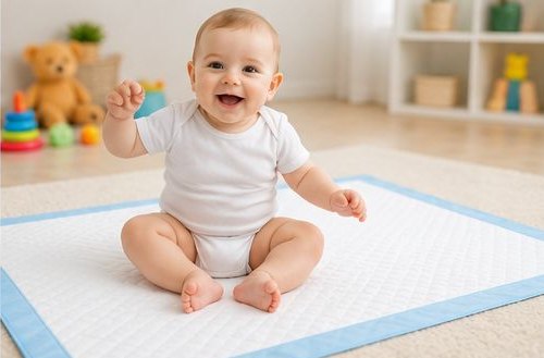 Happy baby sitting on a soft Clad Medical disposable changing mat