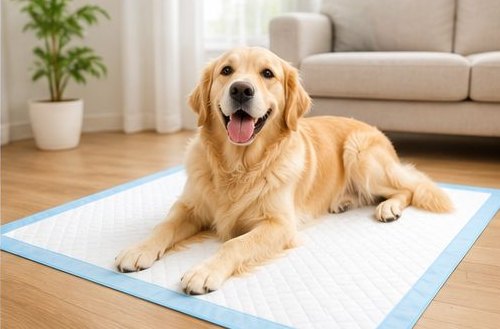 Golden retriever resting calmly on a Clad Medical pet training pad at home